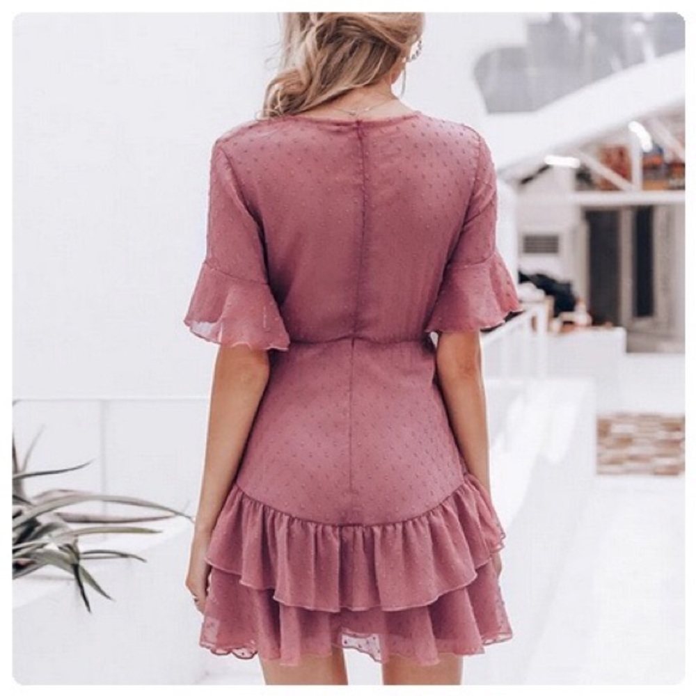 *CLEARANCE* Dusty Rose Boho Swiss Dot Mini Dress - Picture 2 of 7